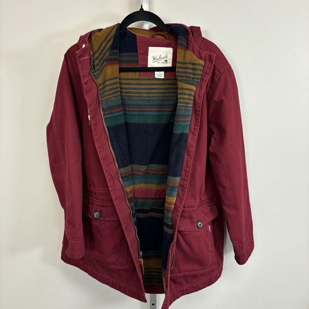 Woolrich Womens Utility Jacket Size L Maroon Cotton Hooded Fleece Lined Quilted